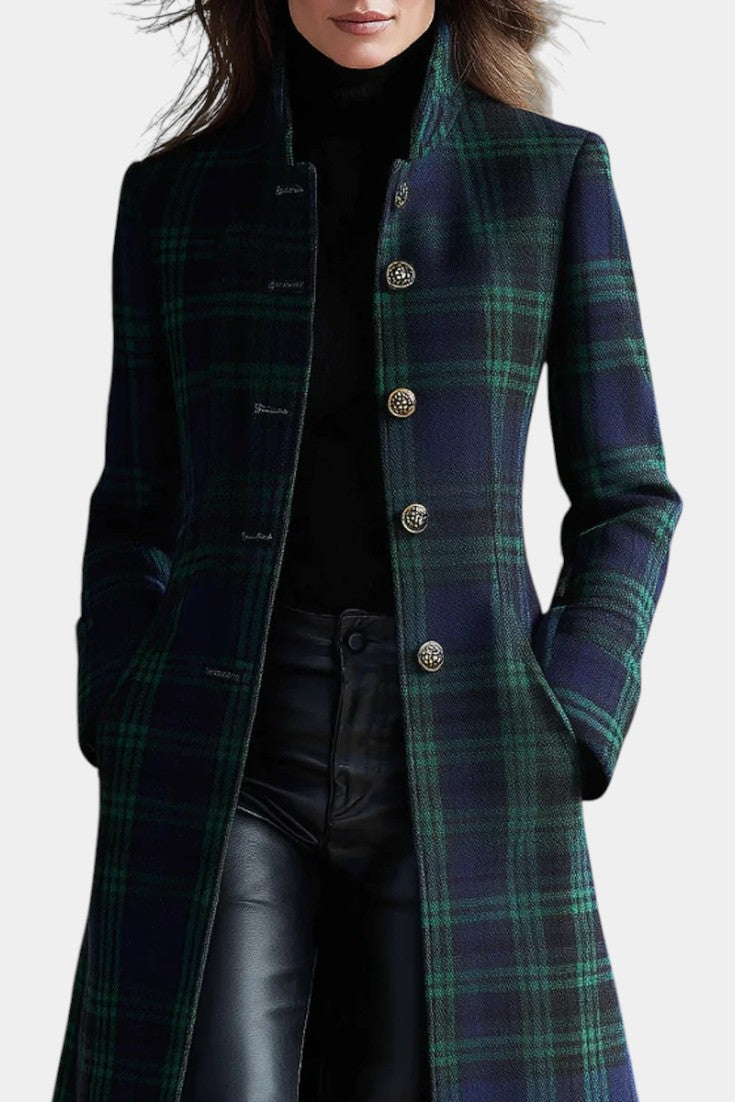 Sesi plaid long coat in dark green and black, button front, stand collar, front view