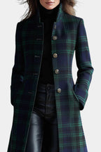 Sesi plaid long coat in dark green and black, button front, stand collar, front view