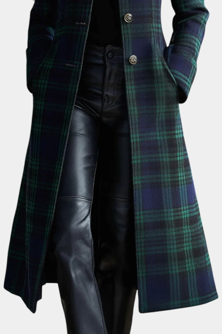 Sesi plaid long coat in dark green and black, gold buttons, side view over leather pants
