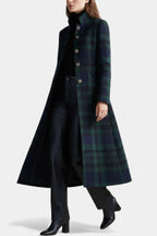 Sesi plaid long coat in dark green and black, gold buttons, long length, side view