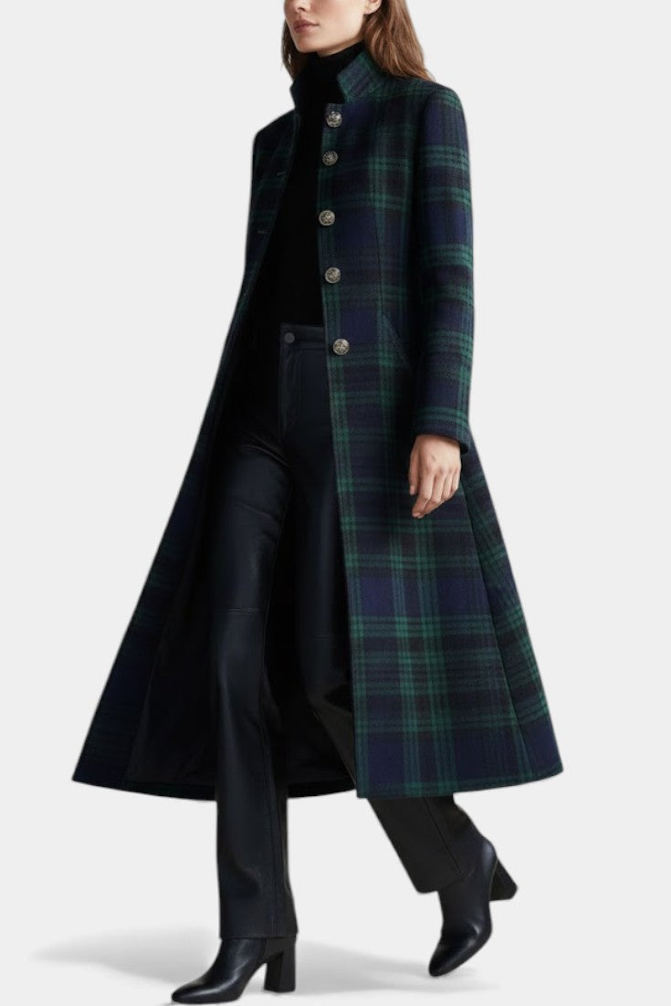 Sesi plaid long coat in dark green and black, gold buttons, long length, side view