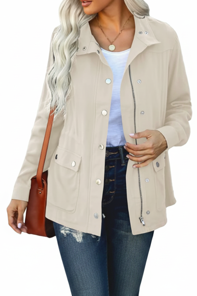Beige open-front jacket with button closure, chest flap pockets, and hanging drawcord