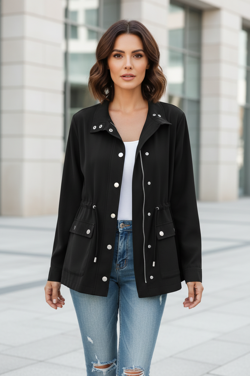 Black open-front jacket with button placket, chest flap pockets, and drawcord hem