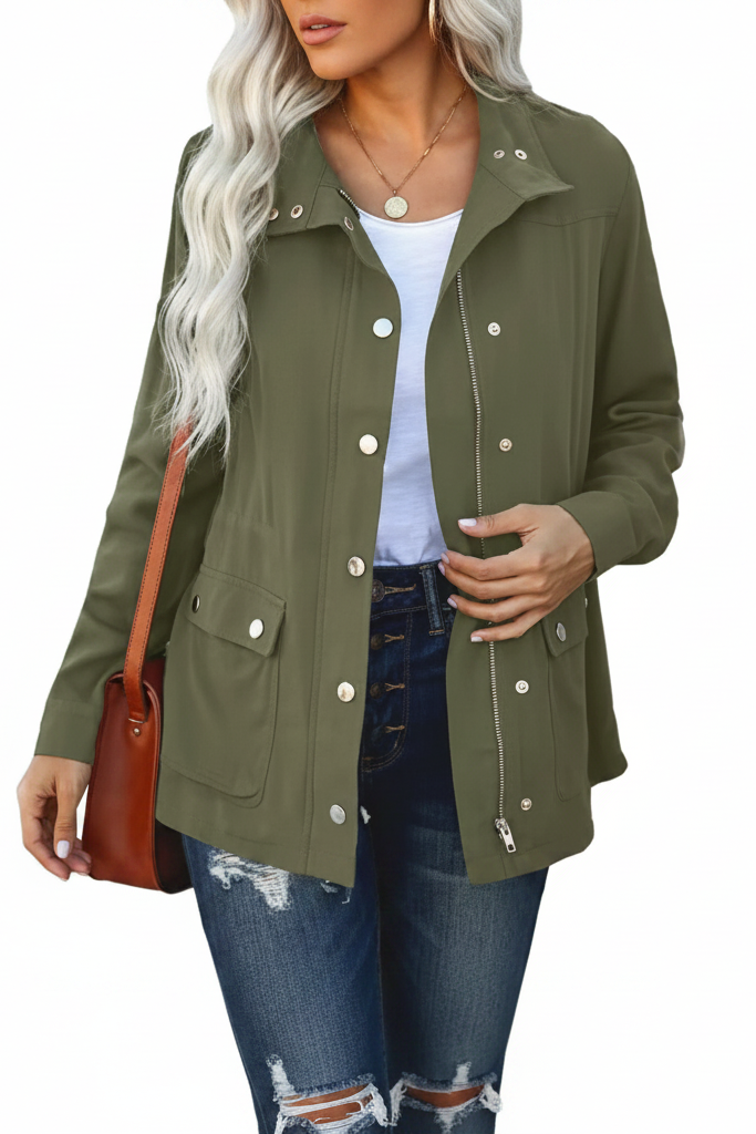 Green open-front jacket with button front, chest flap pockets, and drawcord hem