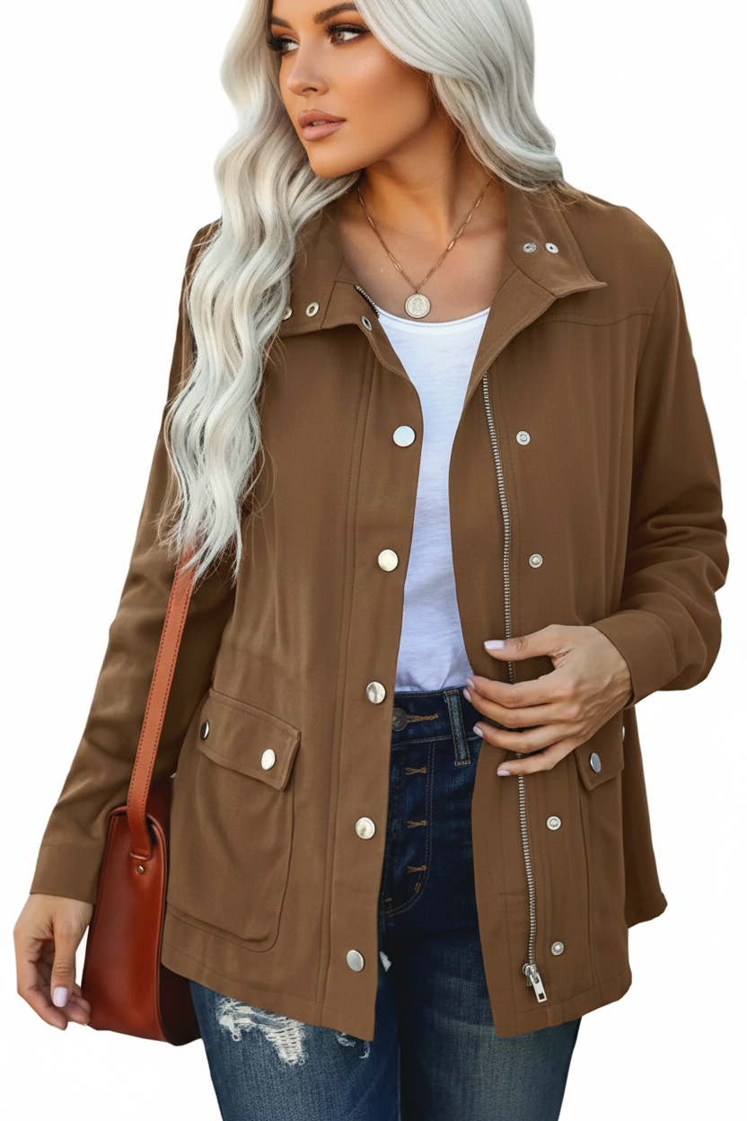 Brown open-front jacket with silver buttons, chest flap pockets, and drawcord at waist