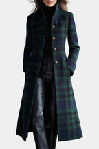 Sesi plaid long coat in dark green and black, button front, stand collar, close front view