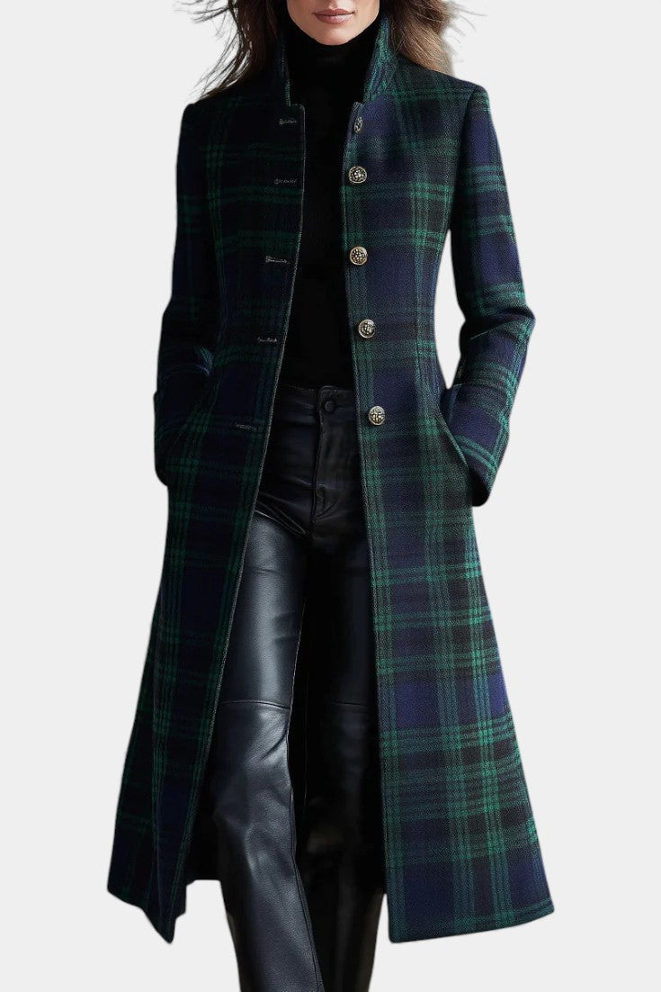 Sesi plaid long coat in dark green and black, button front, stand collar, close front view