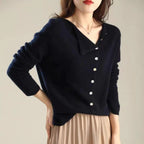 Dark navy knit sweater with V-neck and button front, ribbed cuffs