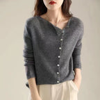 Charcoal gray knit sweater with V-neck and button front, three-quarter sleeves