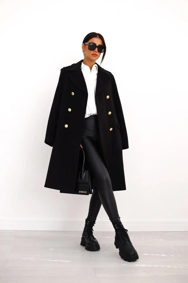 Women's double-breasted wool coat, black, gold buttons, structured front