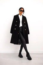 Women's double-breasted wool coat, black, gold buttons, structured front