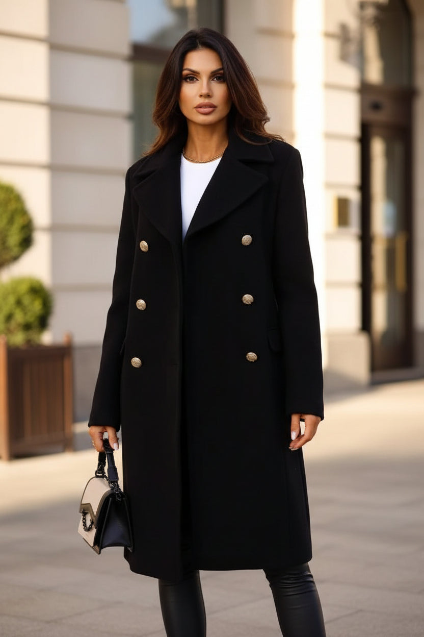 Black double-breasted wool coat with gold-tone buttons and notch lapels, mid-thigh length