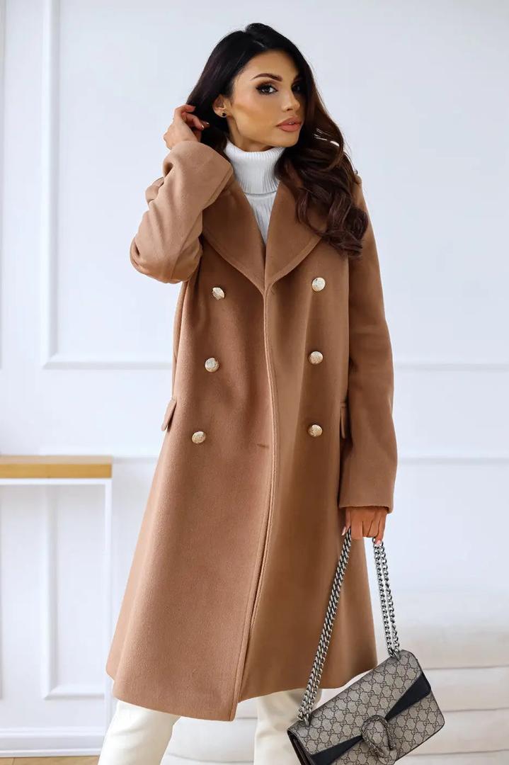 Women's double-breasted wool coat, camel brown, gold buttons, long sleeves, mid-calf