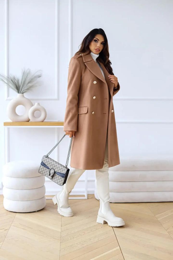 Camel brown double-breasted wool coat with buttons, long sleeves, beltless tailored fit