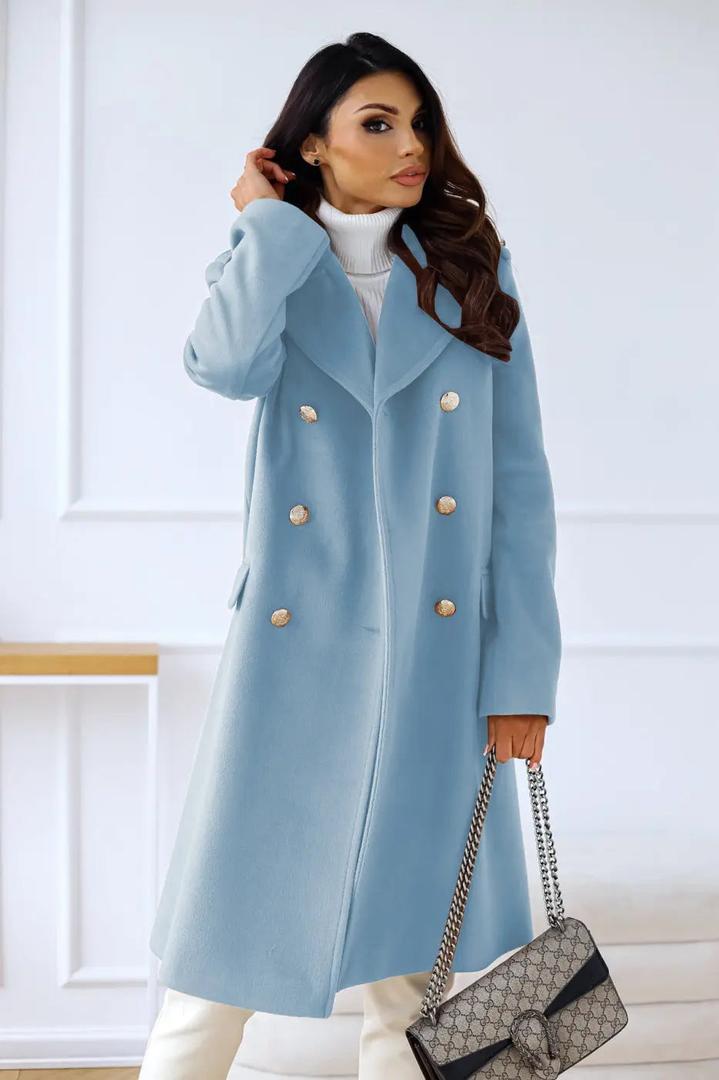 Women's double-breasted wool coat, light blue, gold buttons, long sleeves, knee length