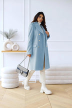 Light blue double-breasted wool coat with buttons, flap pockets, long sleeves, knee length