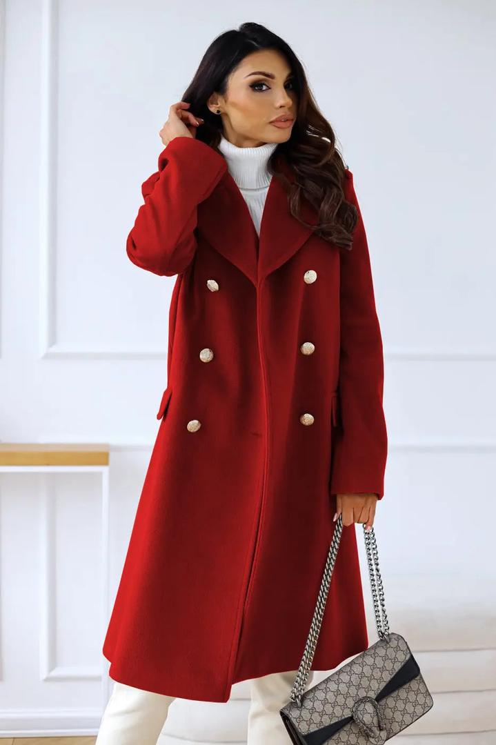 Women's double-breasted wool coat, red, gold buttons, long sleeves, tailored fit