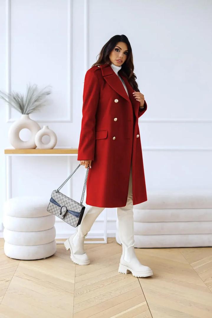 Red double-breasted wool coat with buttons and lapels, flap pockets, knee length