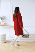 Women's double-breasted wool coat, red, gold buttons, long sleeves, knee length