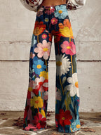 Floral wide-leg pants with elastic waistband, multicolor flower print