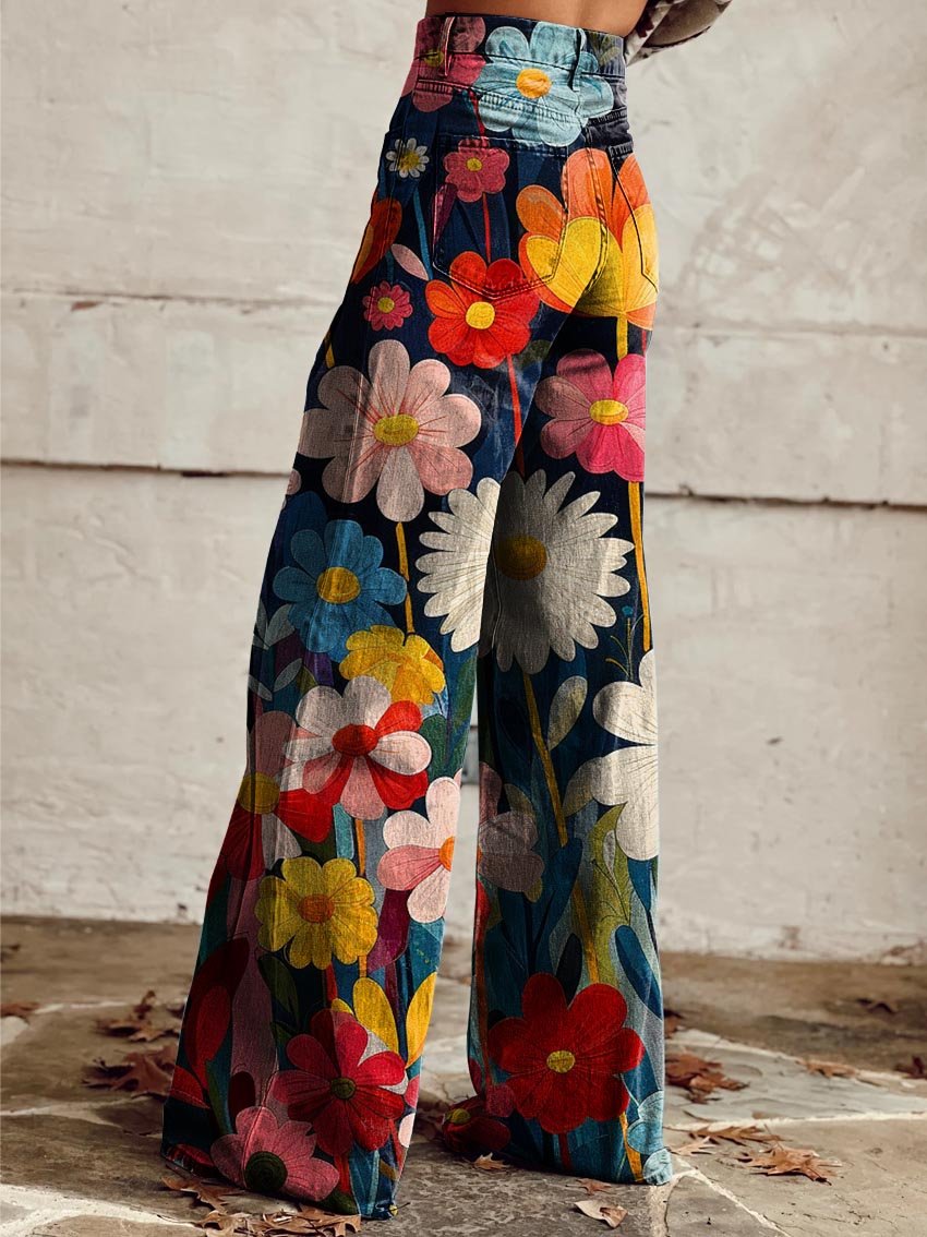 Floral wide-leg pants with elastic waistband, multicolor flower print, side view