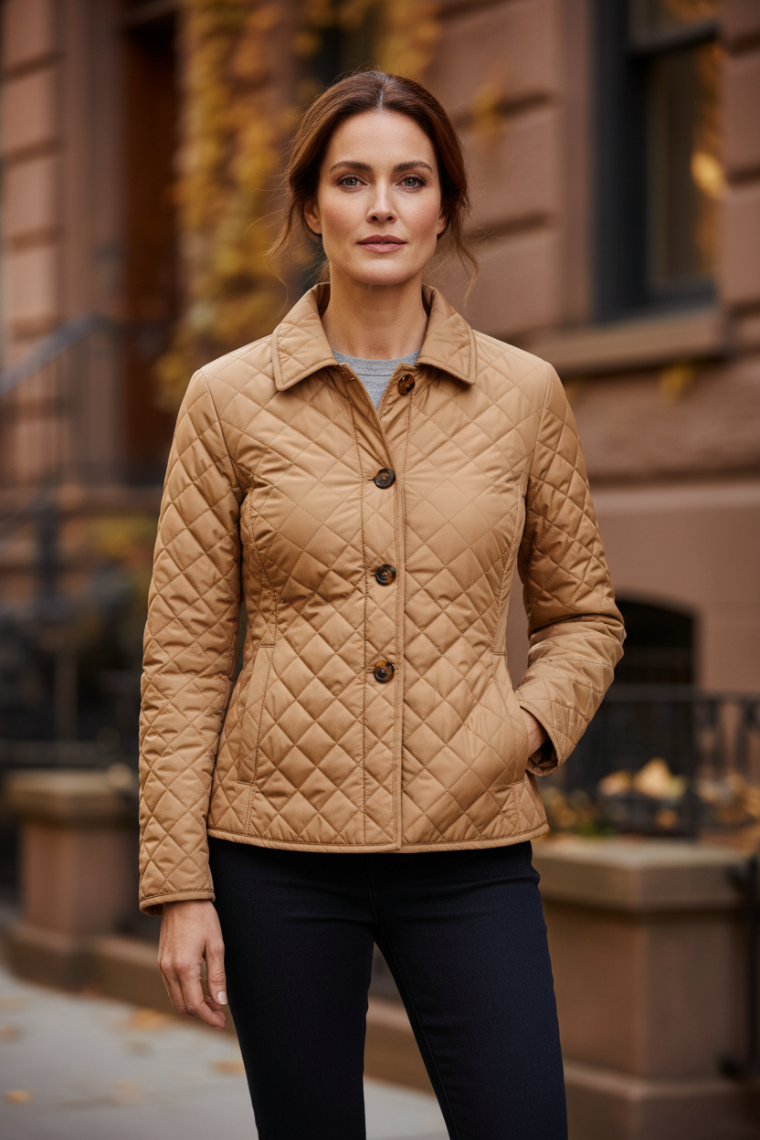 Quilted lightweight jacket, beige, button-front with stand collar and side pockets.