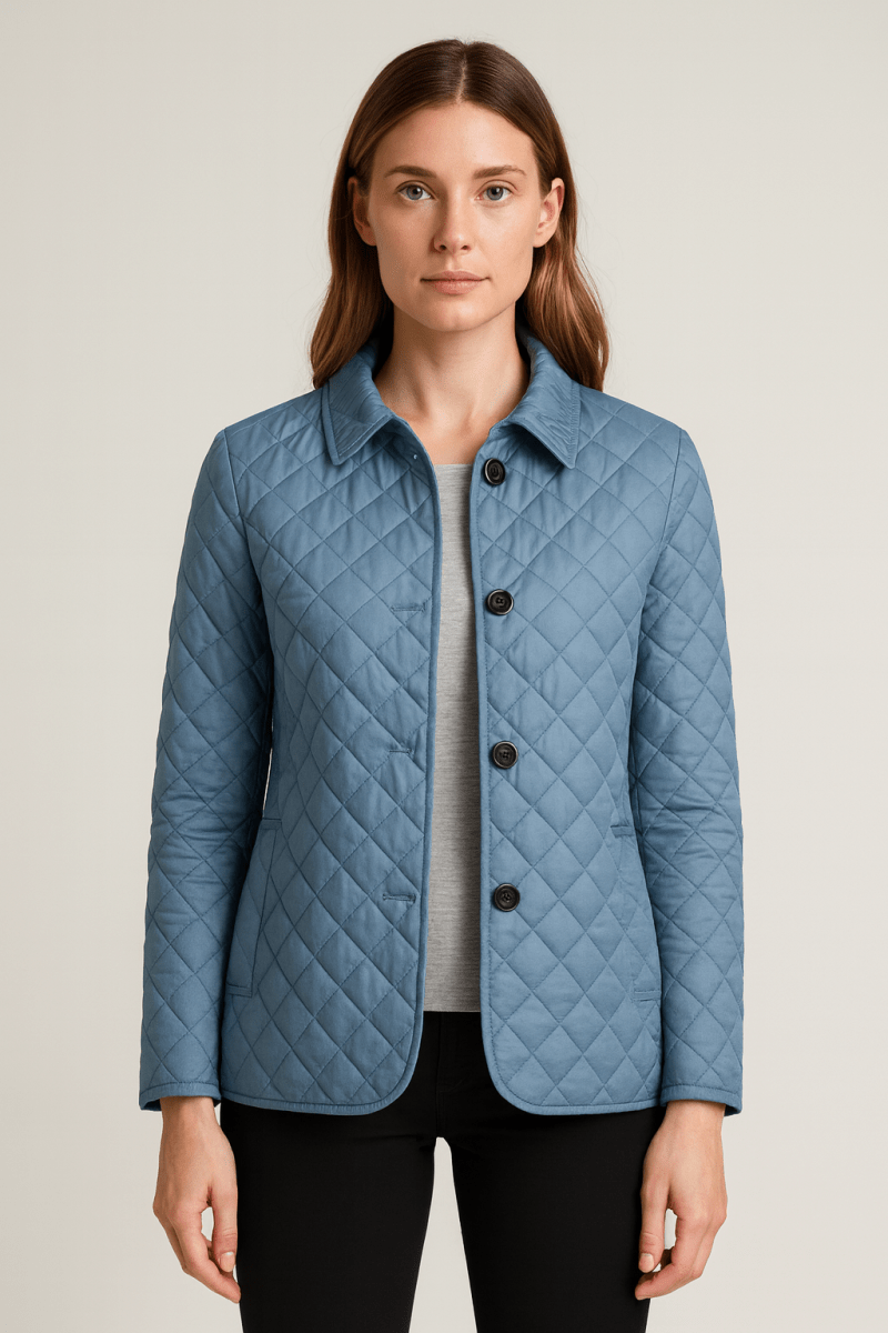 Quilted lightweight jacket, light blue, button-front with stand collar and long sleeves.