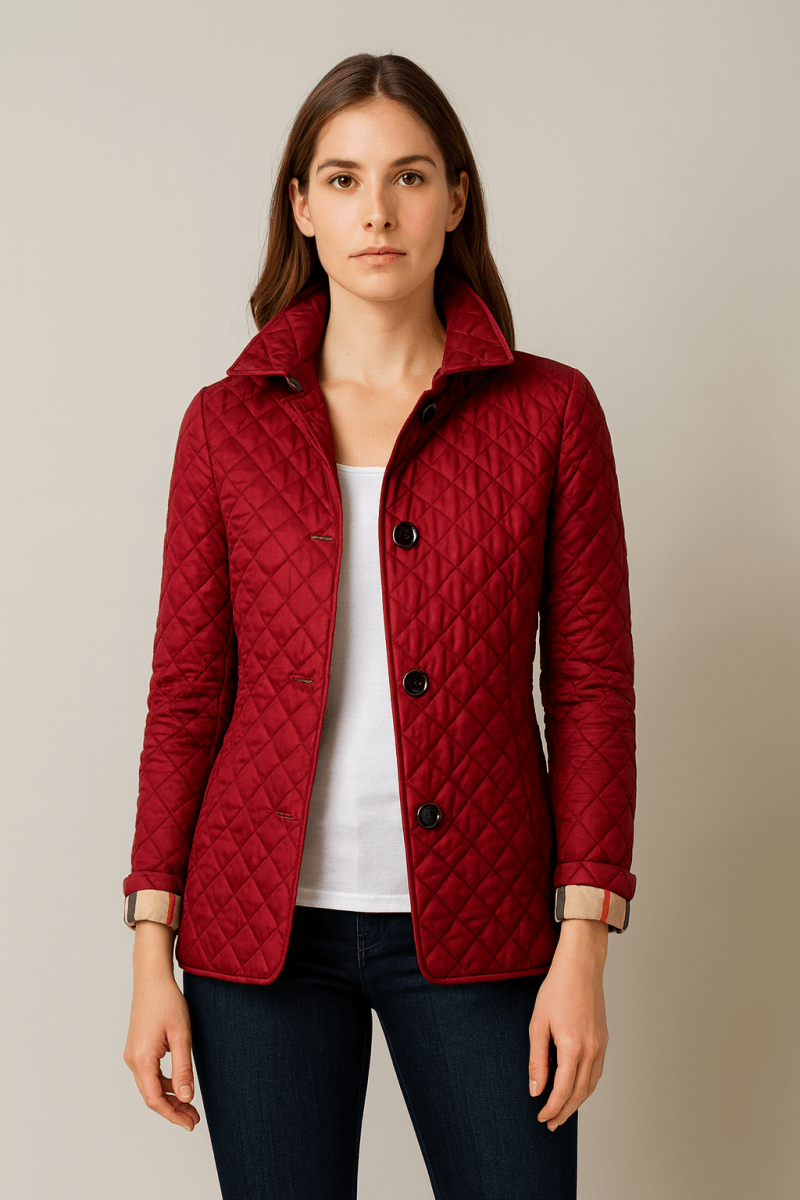 Quilted lightweight jacket, red, button-front with stand collar and long sleeves.
