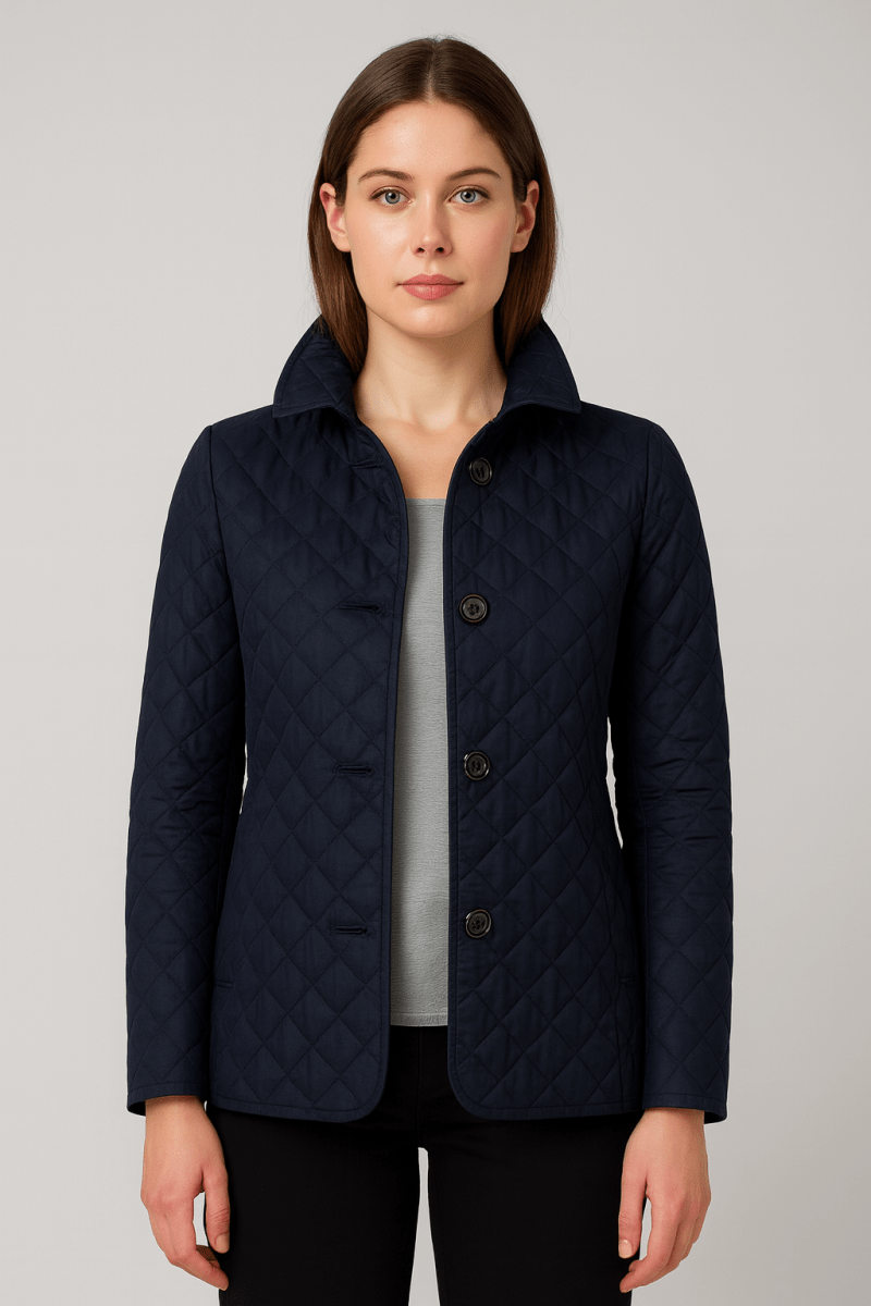 Quilted lightweight jacket, navy, button-front with stand collar and long sleeves.