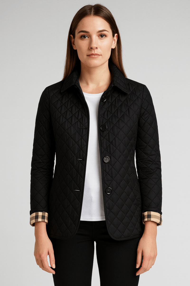 Quilted lightweight jacket, black, button-front with stand collar and long sleeves.
