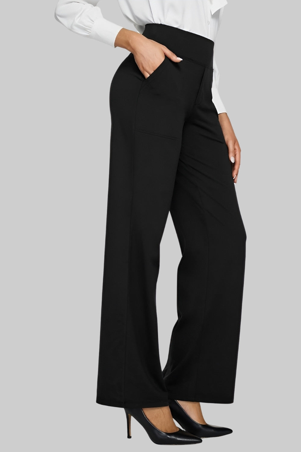 Black high-waisted yoga pants side view with wide legs and pull-on waistband