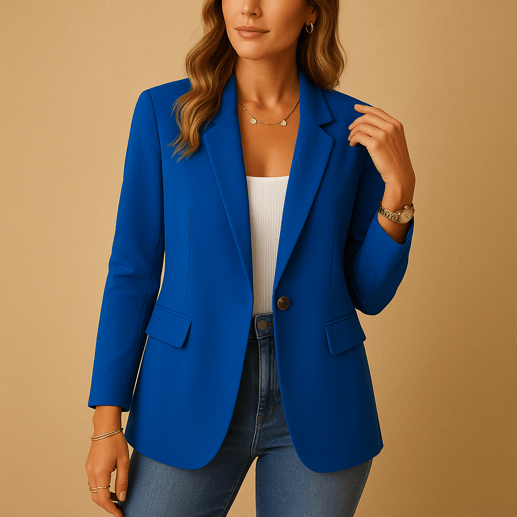 Tailored stretch blazer in royal blue, notched lapels, single button, flap pockets