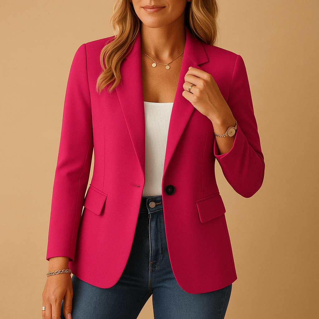 Tailored stretch blazer in magenta, notched lapels, single button, flap pockets