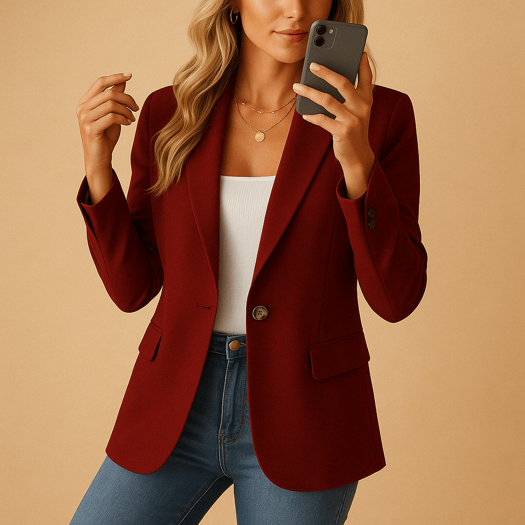 Tailored stretch blazer in dark red, notched lapels, single button, flap pockets