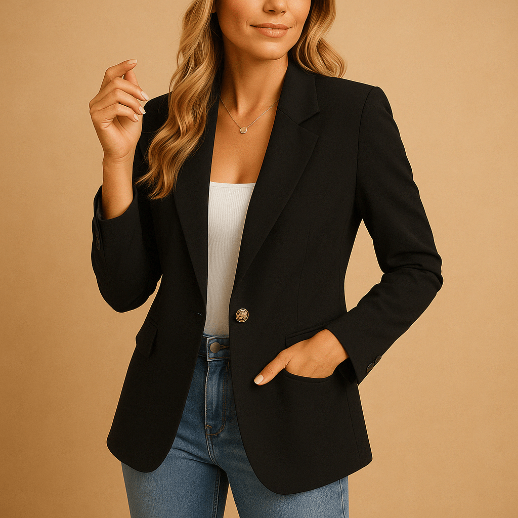 Tailored stretch blazer in black, notched lapels, single button, flap pockets