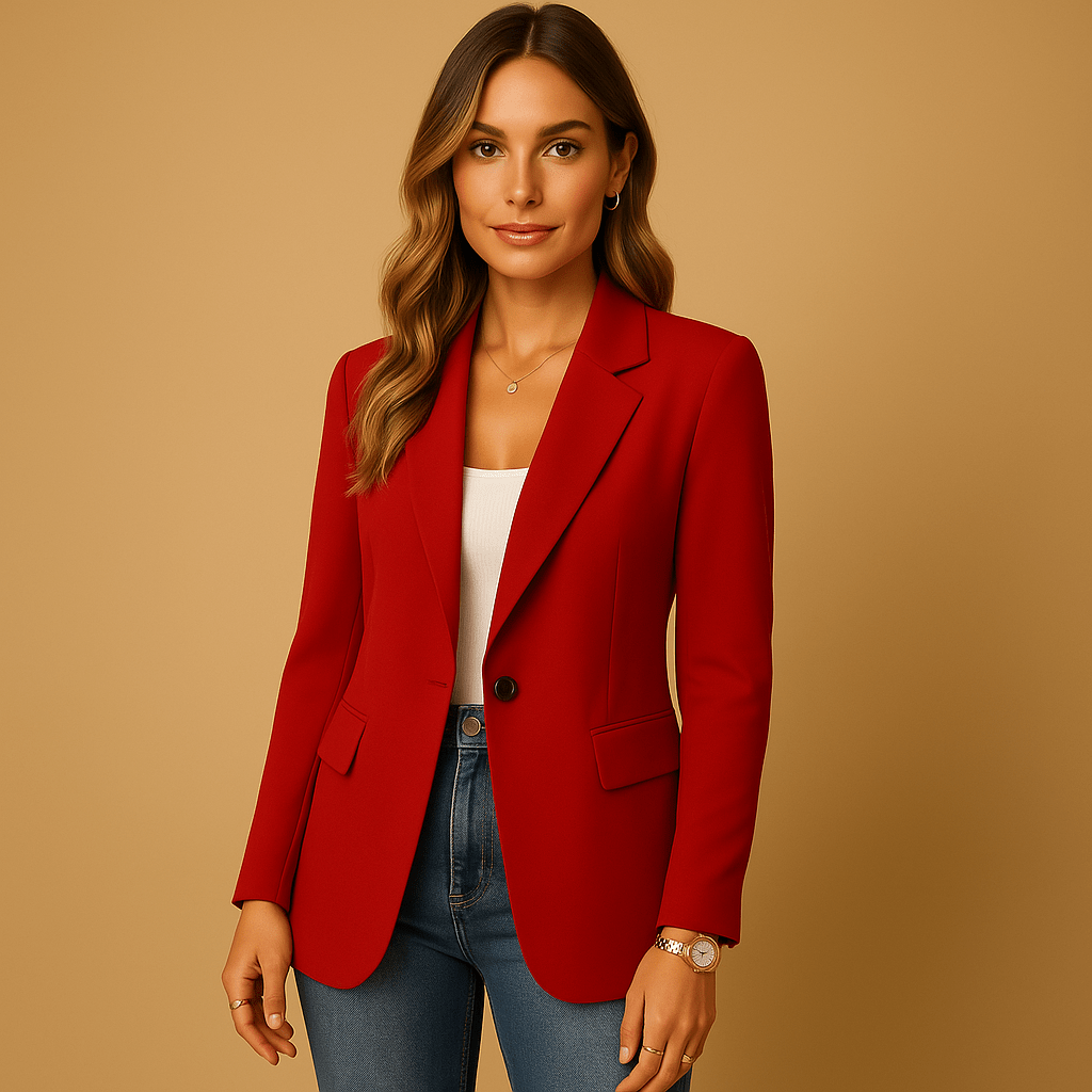 Tailored stretch blazer in red, notched lapels, single button, flap pockets