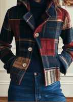 Plaid wool jacket with chest patch pockets and button-front in red and navy