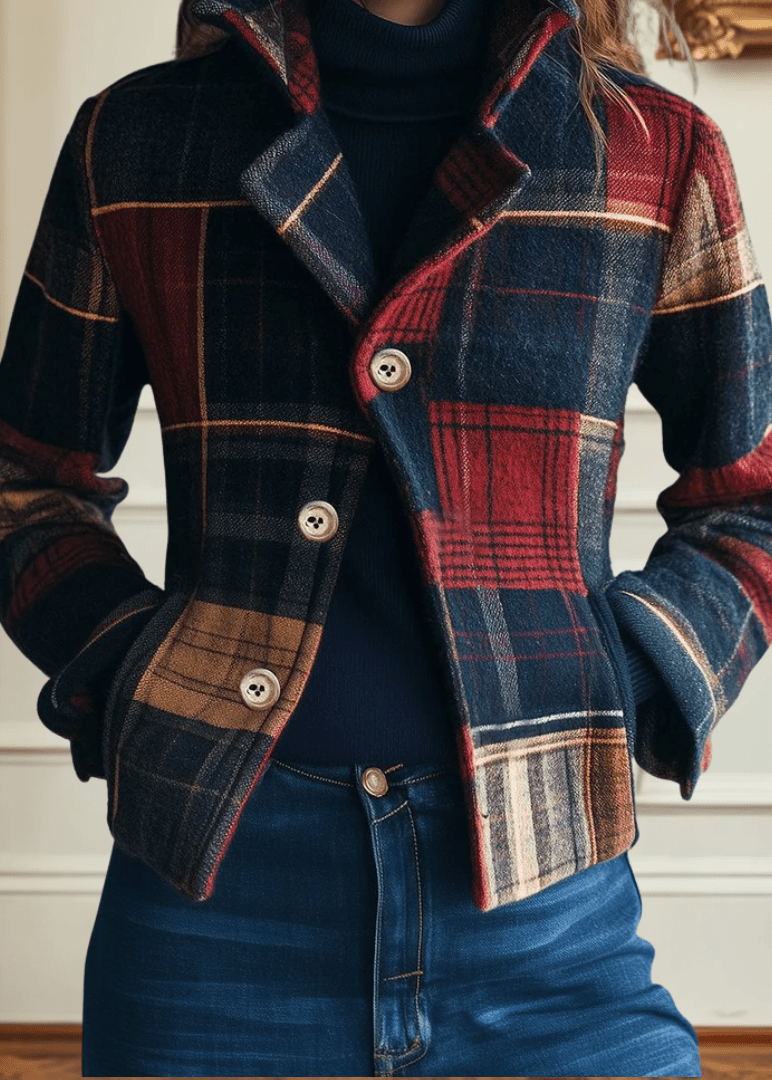 Plaid wool jacket with chest patch pockets and button-front in red and navy