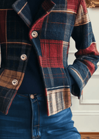 Plaid wool jacket detail with button cuffs and panel plaid over blue jeans