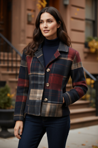 Plaid wool jacket with button-front, dark red navy and tan block pattern