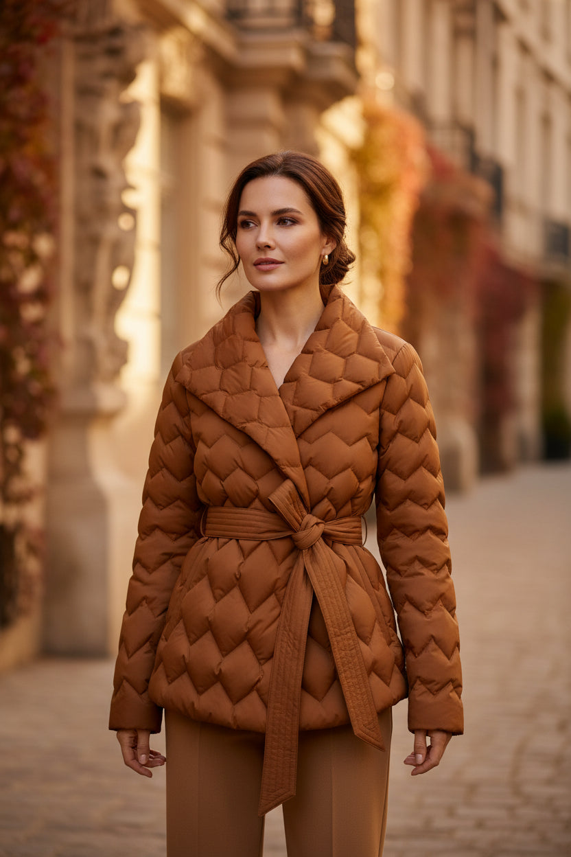 Quilted down coat in amber orange with pointed tie-belt and diamond stitch front