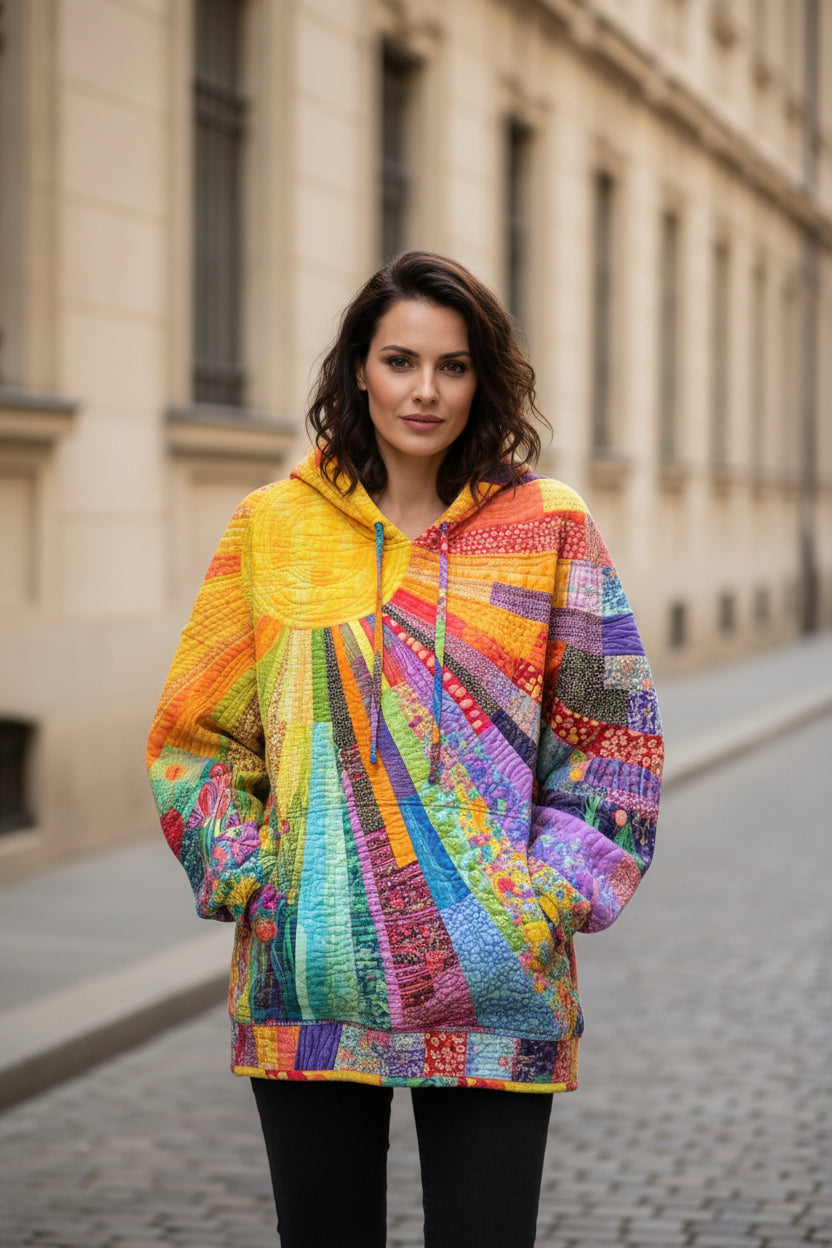 Multicolor patchwork hoodie with drawstring hood and front kangaroo pocket