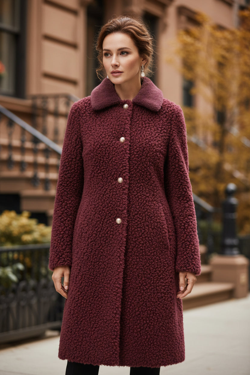 Crimson shearling coat with shawl collar and pearl snap buttons, open front