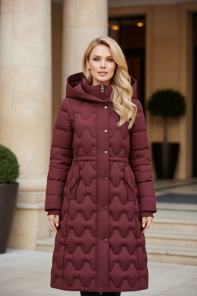 Rose red quilted hooded coat front view, belt with snap buttons, zip closure