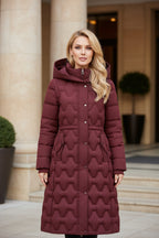 Rose red quilted hooded coat front view, belt with snap buttons, zip closure
