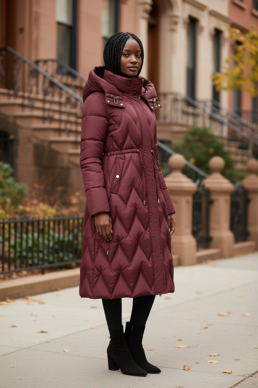 Rose red long quilted coat with adjustable hood, snap pockets and front zip
