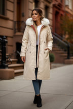 Cream waterproof women's parka jacket with fur-lined hood and button front