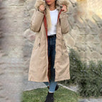 Sand waterproof women's parka jacket with faux fur hood, front pockets, button front