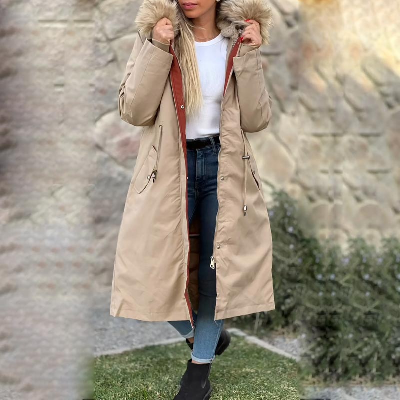 Sand waterproof women's parka jacket with faux fur hood, front pockets, button front