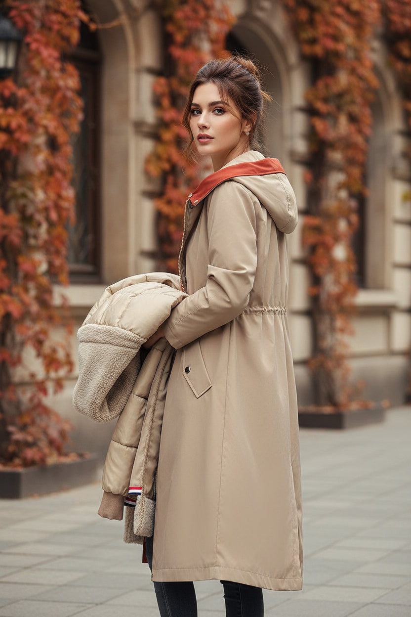 Beige waterproof women's parka jacket with fur-lined hood, drawstring waist, button placket